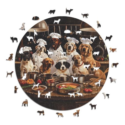 Ikonické puzzle - Psy šéfkuchári, Fantasy zvieratá, 100% udržateľné drevené puzzle, darčeky pre deti aj