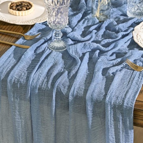 Artoid Módny boho syrový obrus, dymovo modrý, svadobný behúň 80x300 cm, umývateľná dekorácia na