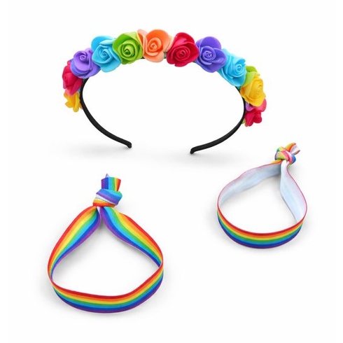 LGBTQ květinová čelenka, duhová čelenka se 2 náramky, duhová růžová čelenka, květinová korunní