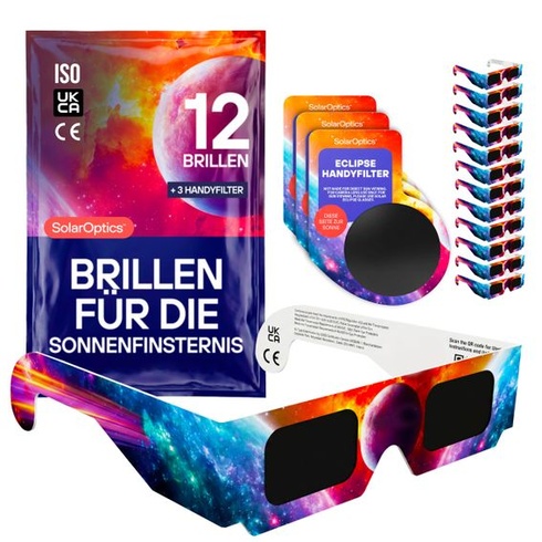 Brýle Eclipse, balení 12 kusů s filtrem pro smartphone – certifikace ISO 12312-2 a CE, bezpečné