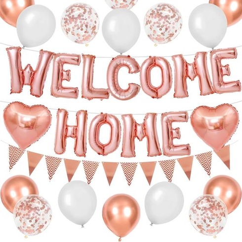 Sada ružovo-zlatých balónikov DazzJoy Welcome Home, 16-palcové ružovo-zlaté balóniky s nápisom WELCOME