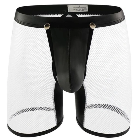 Pánske sexy sieťované boxerky, priehľadné, z umelej kože, pánske boxerky, klubové oblečenie, gombíky,