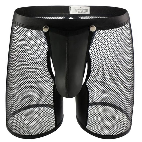 Pánské sexy síťované boxerky, průhledné, z umělé kůže, pánské boxerky, klubové oblečení, knoflíky,