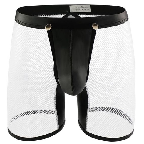 Pánske sexy sieťované boxerky, priehľadné, z umelej kože, pánske boxerky, klubové oblečenie, gombíky,