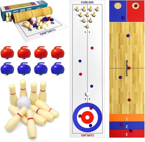 Sada stolních deskových her 4 v 1, stolní hry se shuffleboardem, bowling, curling, cornhole hra,