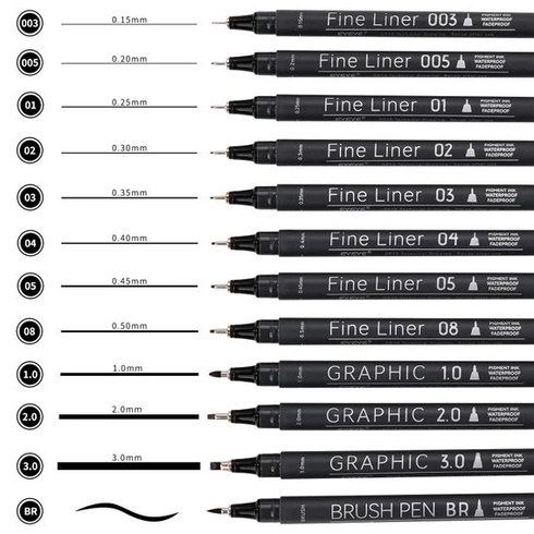 Fixky EYEYE, černá mikrofixka, tenký liner, 12 kusů, 0,15–3,0 mm