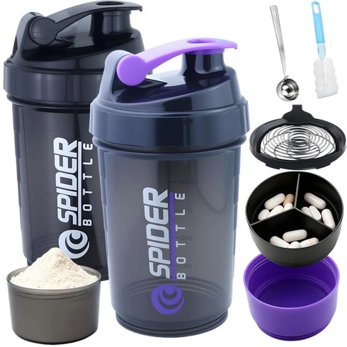 Proteinový šejkr 550 ml, nepropustný šejkr 2 ks, černý/fialový