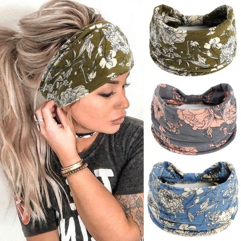 Dámske čelenky, Boho kvetinový vzor, ​​uzlové elastické šatky na jogu, bežecké čelenky 3farebné - 2