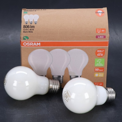 Osram vysoko účinné LED žiarovky s triedou energetickej účinnosti A, hodnotné balenie s 3 žiarovkami,