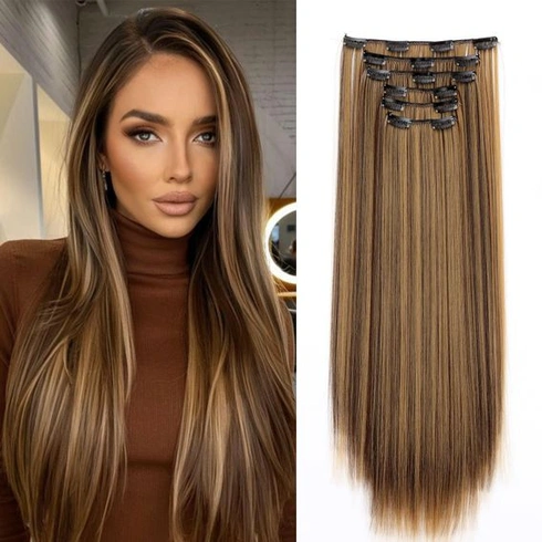 Clip-in prodlužování vlasů, rovné, sada 6 kusů, 55 cm, levné syntetické dlouhé clip-in prodlužování