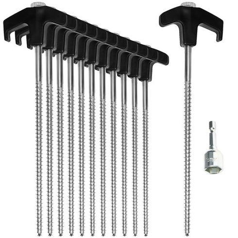 Com-four® 12x ocelové kolíky do stanu s adaptérem pro akumulátorový šroubovák, černé, 12 kusů +