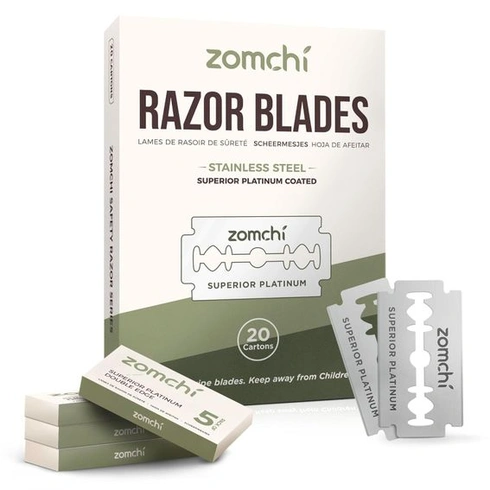 Žiletky ZOMCHI Double Edge 2.0, 100 bezpečnostných žiletiek, platinová nerezová oceľ, pasujú na