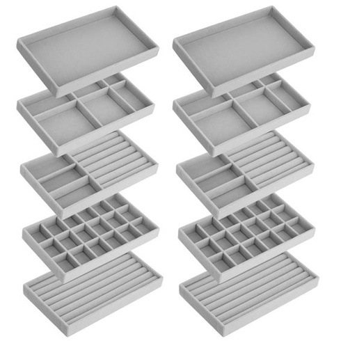 QWORK® 10-dielny stohovateľný zamatový organizér na šperky - 21x12x2,5 cm - zásuvková vložka na