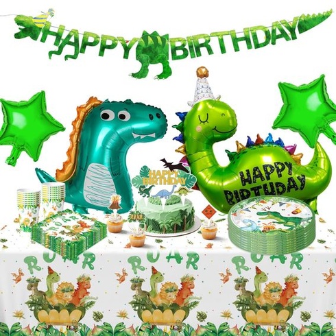 Sada narozeninových dekorací s dinosaury, 91 dílů párty potřeb pro 20 hostů, včetně velkých