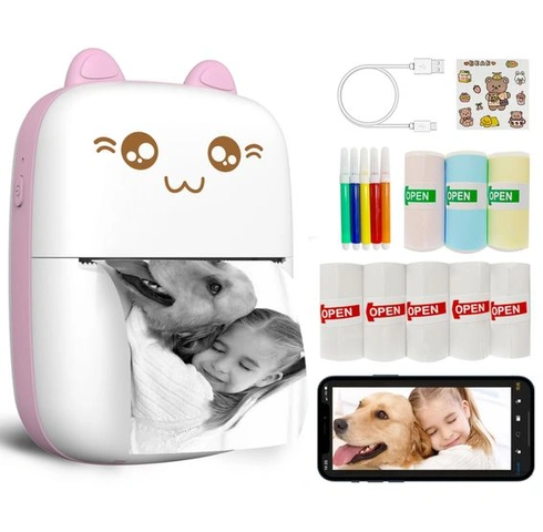 Přenosná mini tiskárna, tiskárna samolepek bez inkoustu s 8 rolemi papíru, Bluetooth, bezdrátová