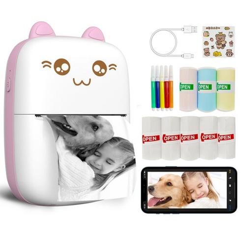 Prenosná mini tlačiareň, tlačiareň samolepiek bez atramentu s 8 rolkami papiera, Bluetooth, bezdrôtová