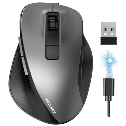 Bezdrátová myš TECKNET Bluetooth, 2.4G+2*BT ergonomická bezdrátová myš, dobíjecí šedá
