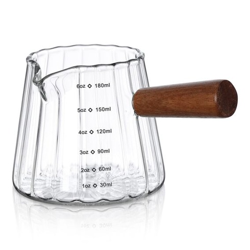 Odměrka na espresso Joeyan 180ml, sklo s dřevěnou rukojetí, průhledná, čirá odměrka 180ml s