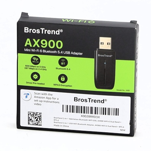 BrosTrend 2 v 1 WLAN Bluetooth adaptér pre PC, WiFi 6 AX900 + BT 5.4, USB WLAN adaptér dvojpásmový