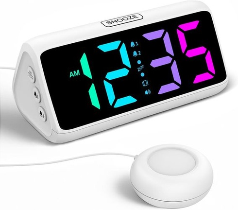 Hlasný budík pre tých, čo tvrdo spia, hlasný budík s vibráciami, duálny budík, RGB displej, 5 úrovní