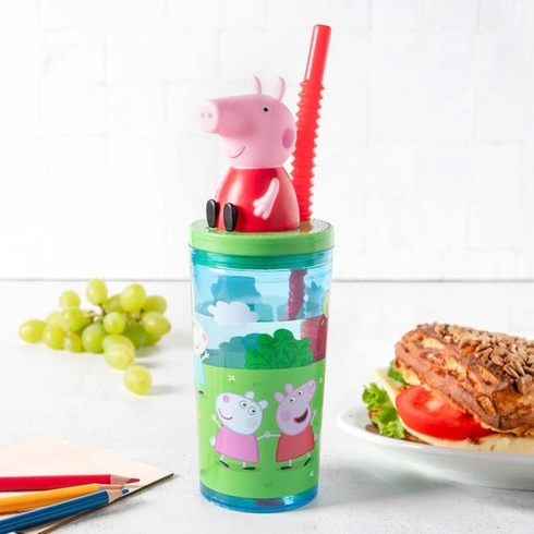 Detský hrnček na pitie s viečkom a slamkou Prasiatko Peppa 360 ml - 3D figúrka, bez BPA, vhodný na