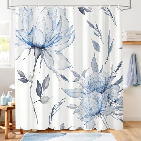 Modrý kvetinový sprchový záves 180x180 cm, textilný sprchový záves s akvarelovým kvetinovým vzorom,