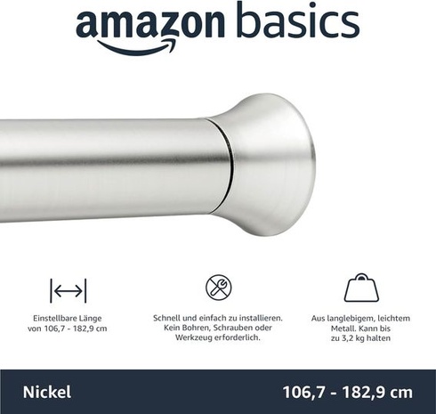Nastaviteľná napínacia tyč na sprchový záves Amazon Basics, 107 až 185 cm, nikel, vnútorný nikel, 107