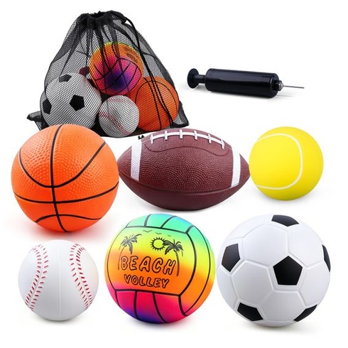 6dielna sada PVC športových lôpt, mini mäkké gumové lopty na futbal, basketbal, ragby, baseball,
