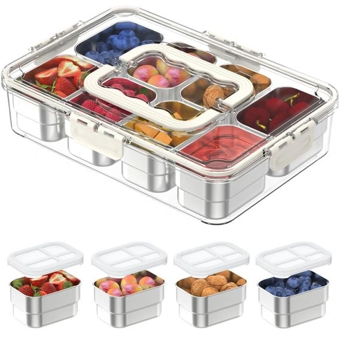 Úložný box Snackle Box, 8 priehradková krabička na potraviny z nerezovej ocele so silikónovým vekom,