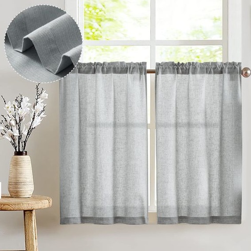 Záclony Vangao s ľanovým vzhľadom do kaviarne, sada 2 kusov, 65Š x 60V cm, jednofarebná šedá | Šedá V