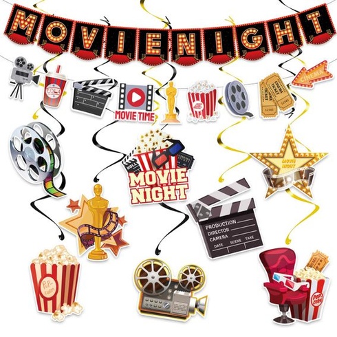 18dielna sada dekorácií na filmový večer, párty dekorácie, banner na filmový večer, závesné viery,