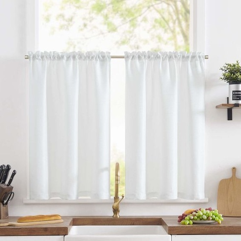 TOPICK Záclona do kaviarne, bistro záclona s ľanovým vzhľadom, 2 ks, V115xŠ90 cm, biela, jednofarebná,