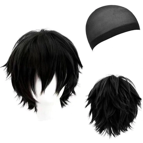 Černá anime paruka pro muže a ženy, cosplay paruky, syntetická rovná paruka na maškarní kostýmy,