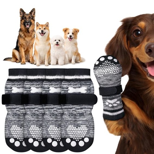 Protišmykové psie ponožky s nastaviteľnými pásikmi, 2 páry černošedých psích ponožiek, veľkosť S