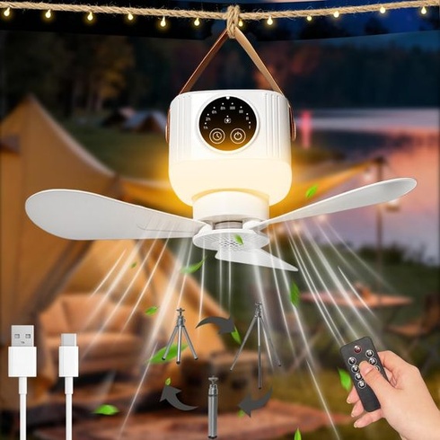 Stropný ventilátor so svetlom, kempingový, tichý, USB, časovač, biely