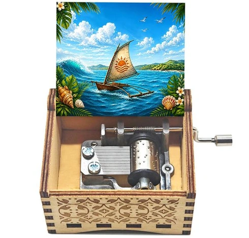 Dřevěná hudební skříňka Moana, gravírovaný dárek, ručně ovládaná hudební skříňka, hudební skříňka