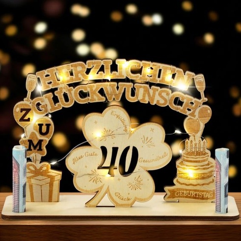 Darčeky Fovths k narodeninám s peniazmi, drevené darčeky k 40. narodeninám s motívom štvorlístka, LED