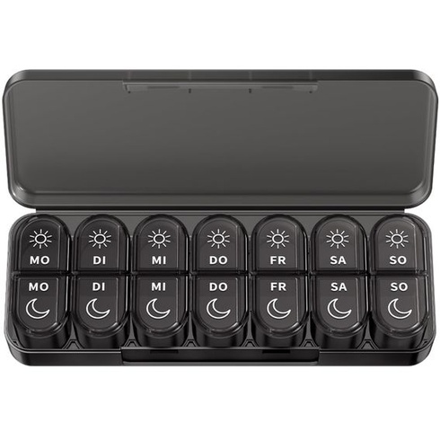 Doruimi 7-dňová krabička na tabletky (ráno a večer), ľahko otvárateľná, čierna