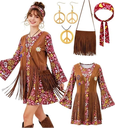 Dámsky kostým Kasahara Hippie so strapcami, crossbody kabelkou a doplnkami, outfit zo 70. rokov, dámsky