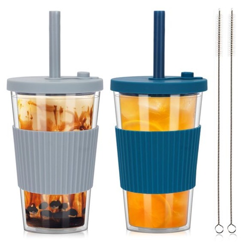 500ml kelímky na bublinkový čaj so slamkou, 2 ks opakovane použiteľných plastových kelímkov, šedá +