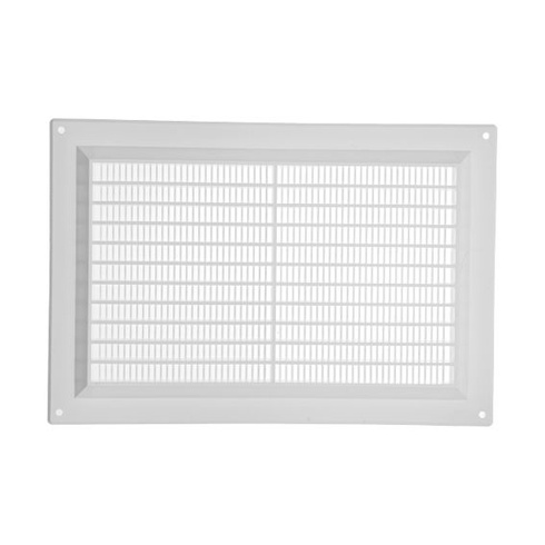 Vetracie systémy 250 x 170 mm Biela obdĺžniková vetracia mriežka, plastový kryt s protihmyzovou sieťou,