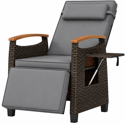 Relaxačné kreslo z PE ratanu HW75158GR, 79-142 x 60 x 105-72 cm, šedé - B