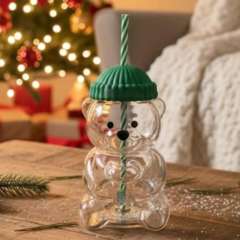 Slamený hrnček Yanmis Bear, roztomilý sklenený hrnček s viečkom a slamkou, 590 ml, žiaruvzdorné