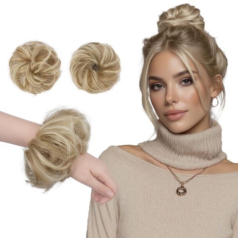 FESHFEN Mini dvojitý drdol, príčesok, blond, strapaté vlasy, pre ženy, 2 kusy, blond melír