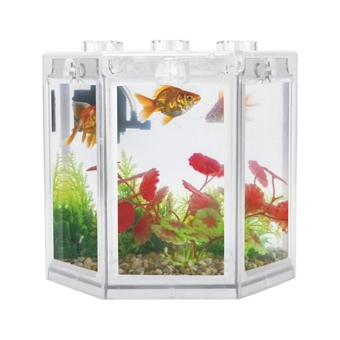 Mini akvárium, zaoblený rohový design, šestihranné, průhledné, plastové, akvárium, pro kancelářskou