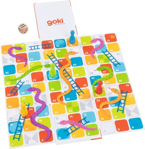 Goki XXL Hady a rebríky v rozkladacej kocke: 15 x 15 x 15 cm, kartón a drevo, 6 dielikov