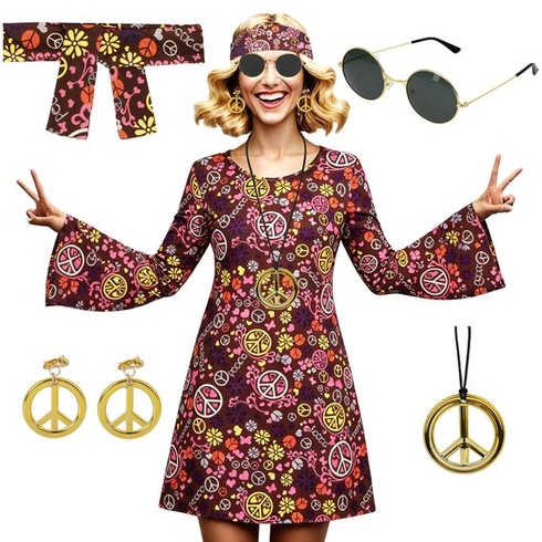 Dámske hippie šaty, kostýmová sada 70. rokov s náhrdelníkom, náušnicami, slnečnými okuliarmi, vintage