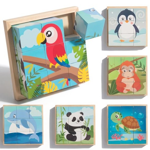 Woodenfun 6v1 dřevěné puzzle kostky, Montessori 3D kostky se zvířaty, vzdělávací hračka pro děti od
