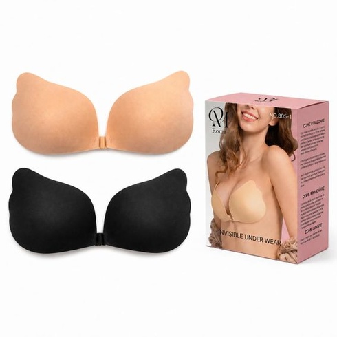 Dámska podprsenka QM Adhesive 2 ks, push-up, bez ramienok, s voľným chrbtovým výstrihom, telová/čierna