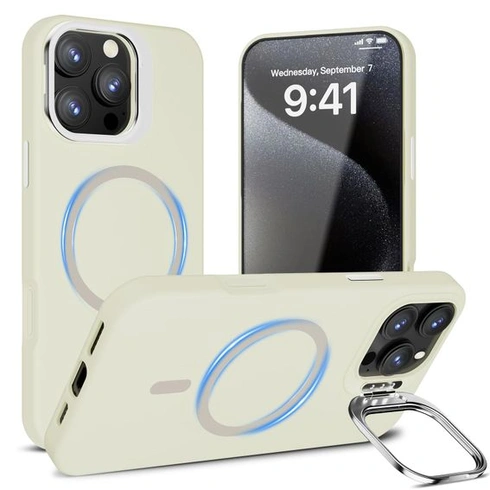 Puzdro Misscase pre iPhone 16 Pro Max so stojanom na fotoaparát, svetlo biela, svetlo biela + držiak
